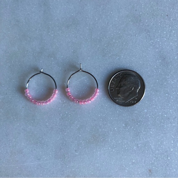 Dainty Silver Hoops With Light Pink Beads - Picture 2 of 2